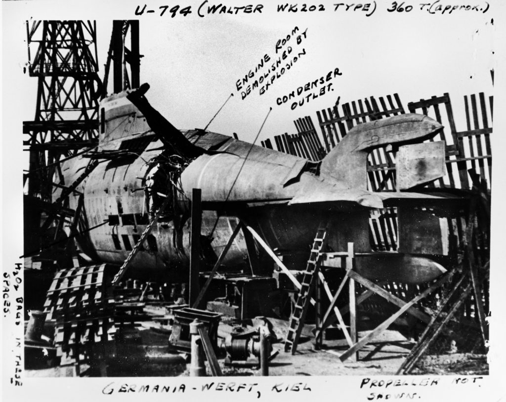 The damaged Wk202, designated U-794, has been retrieved from the water to undergo repairs. An American engineer made the handwritten notes, pointing out the location of a catastrophic explosion in the engine room.