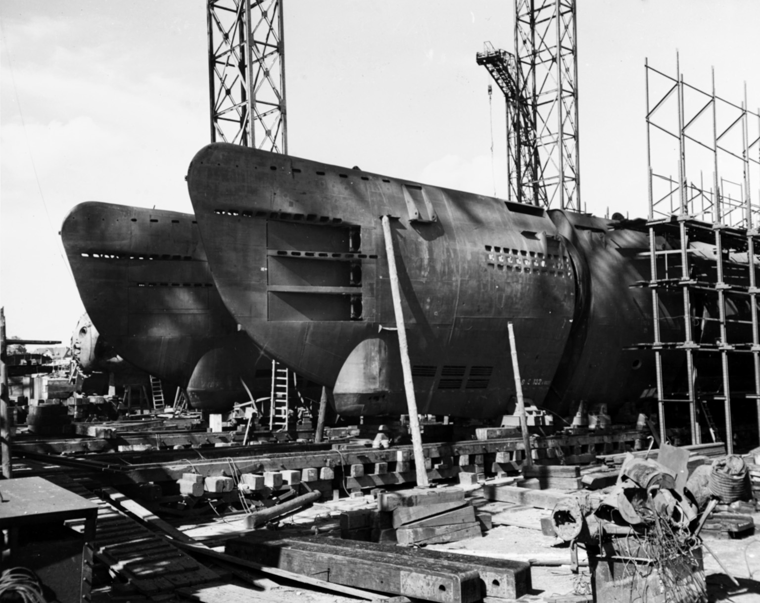 Two Type XXI U-boats lie under construction at the shipyards in Bremen, Germany in this photo taken after the submarines were captured by Allied troops in 1945.