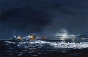 In this painting by war artist John Hamilton, the Japanese light cruiser Yubari fires its main batteries and prepares to launch torpedoes as its searchlights illuminate distant targets, possibly including the destroyer USS Ralph Talbot and the cruiser USS Vincennes. During the Battle of Savo Island, Yubari is thought to have scored several hits on Ralph Talbot with its 5.5-inch guns and to have fired at least one of the torpedoes which sank Vincennes.