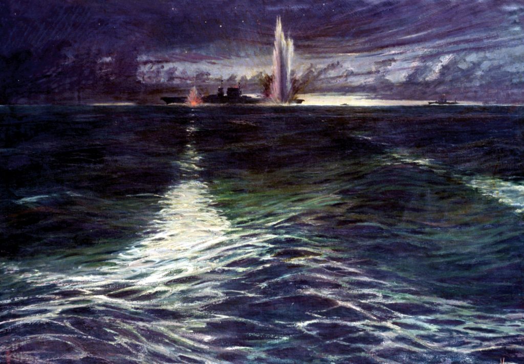 An unknown Japanese war artist produced this painting titled “Night Battle Off Savo Island,” depicting the wake of a torpedo speeding toward and just impacting the hull of an American warship while another appears to have struck home seconds earlier. Although the silhouette of the American vessel appears to be that of an aircraft carrier, there were no aircraft carriers in the vicinity of the night action of August 8-9, 1942.