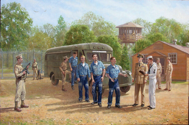 In this painting by artist Mark Churms, high value Axis prisoners arrive at Fort Hunt near the city of Alexandria, Virginia.