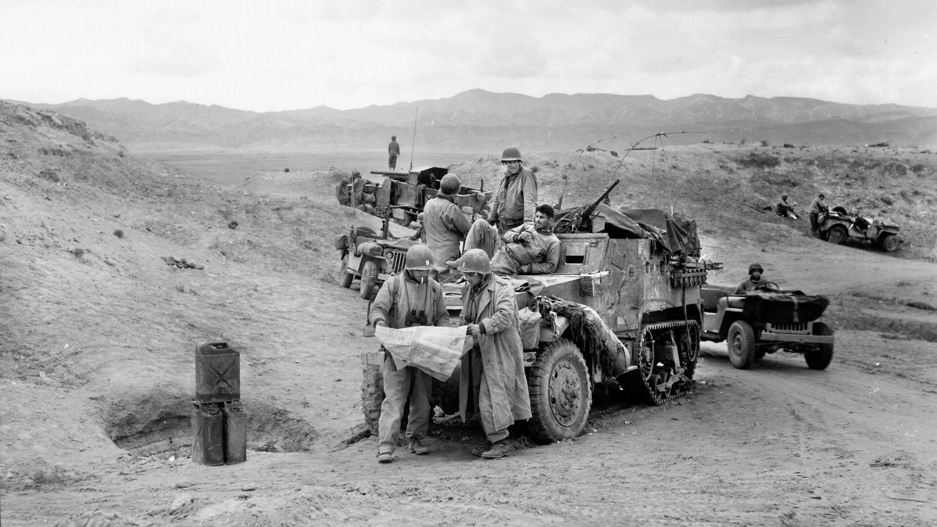 Officers of the 601st Tank Destroyer Battalion review a map near El Guettar on March 23, 1943. General Terry Allen added the battalion to his division at General George Patton’s recommendation. The unit played a key role in the coming battle.