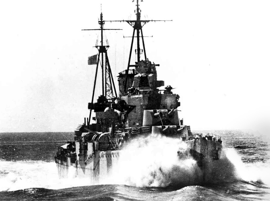  The light cruiser HMS Ajax, mounting 6-inch main batteries, is shown at full speed off the North African near the harbor of Tobruk, Libya, in November 1941. Ajax bombarded German coastal defenses off the Normandy beaches on D-Day and was scrapped in 1949.