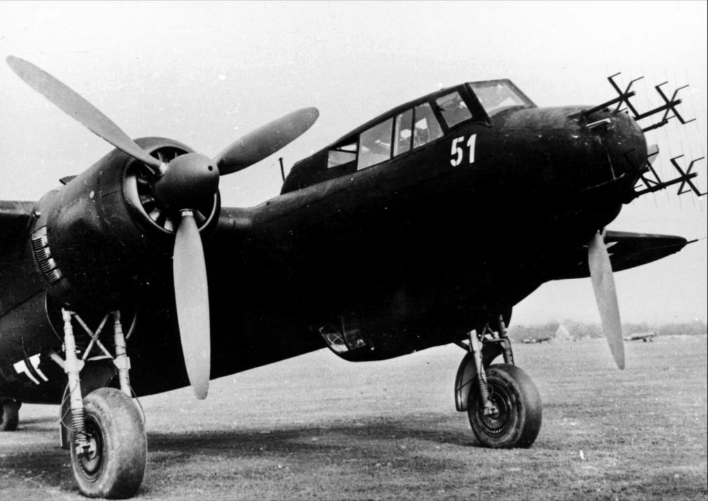 The Luftwaffe Do-217 night fighter pictured has been equipped with FuG 202 airborne interception (AI) radar. The distinctive antennae protruding from the aircraft’s nose were components of the apparatus that allowed the night fighters to efficiently locate and attack bomber formations.