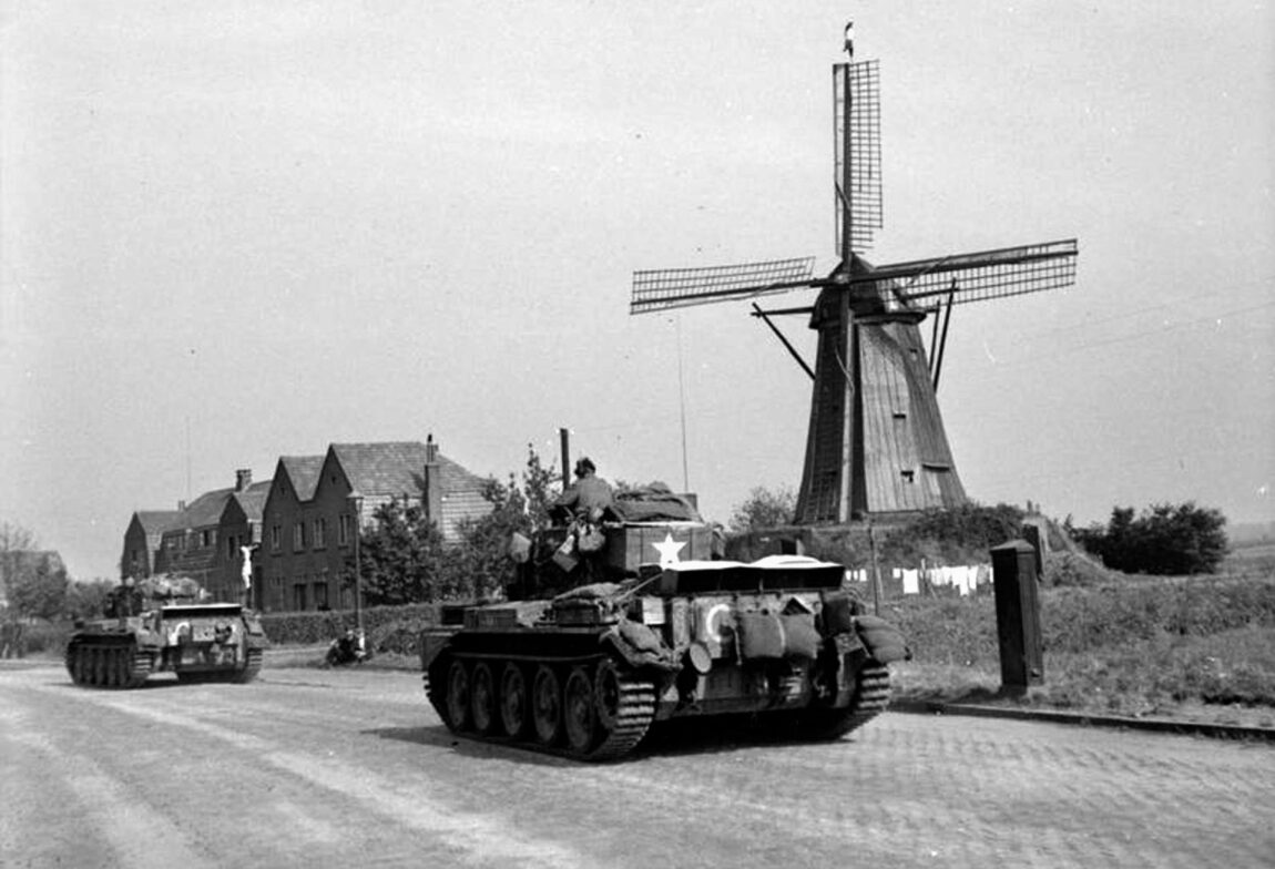 British tanks of XXX Corps, under General Brian Horrocks, advancing along the narrow corridor toward the Waal River and the town of Nijmegen.