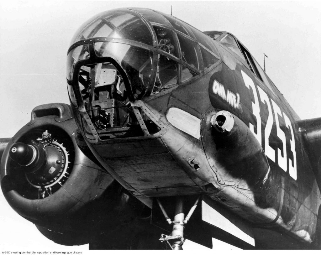 A view of the bombardier position aboard the Douglas A-20 Havoc and gun blisters on the bomber’s fuselage. Paul I. “Pappy” Gunn introduced numerous modifications to the A-20 that made the plane lethal against Japanese shipping in the South Pacific. 