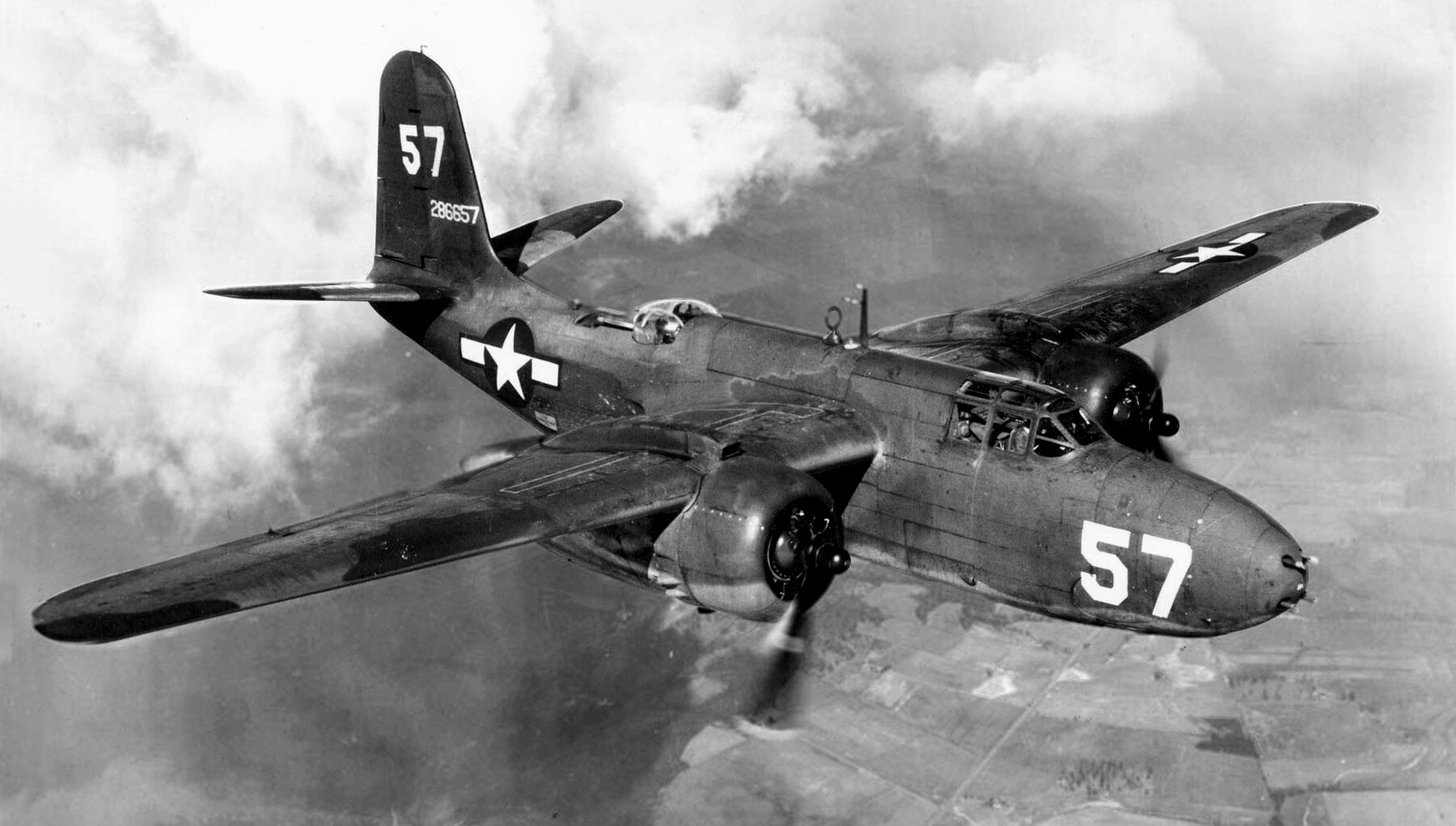 This Douglas A-20G variant is shown in flight. The A-20G was produced in greater numbers than any other type of the aircraft, which served in all theaters of World War II. A total of 2,850 A-20G bombers were built.