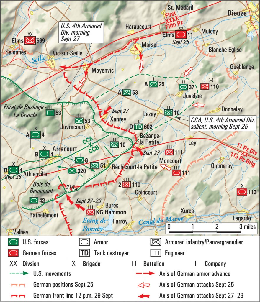 After fuel shortages halted offensive operations temporarily, the American defenders at Rechicourt held their perimeter against repeated German counterattacks in the autumn of 1944.