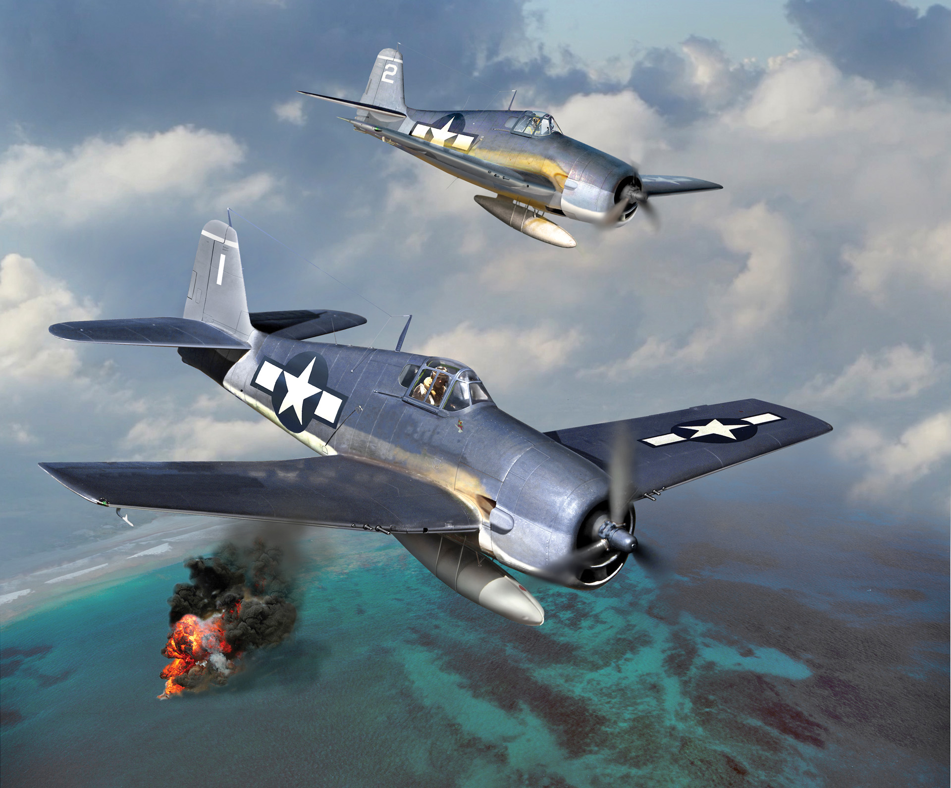 Lieutenant Commander Eddie C. Outlaw and his wingman, Lieutenant (j.g.) Donald ‘Dagwood’ Reeves, wing over Truk Lagoon during their destructive April 1944 fighter sweep. A Japanese fighter, shot down in flames, has just hit the water and exploded on impact. The pilots took their Grumman F6F Hellcat fighters into action without dropping their auxiliary fuel tanks, which are prominently visible in this painting by artist Jack Fellows.