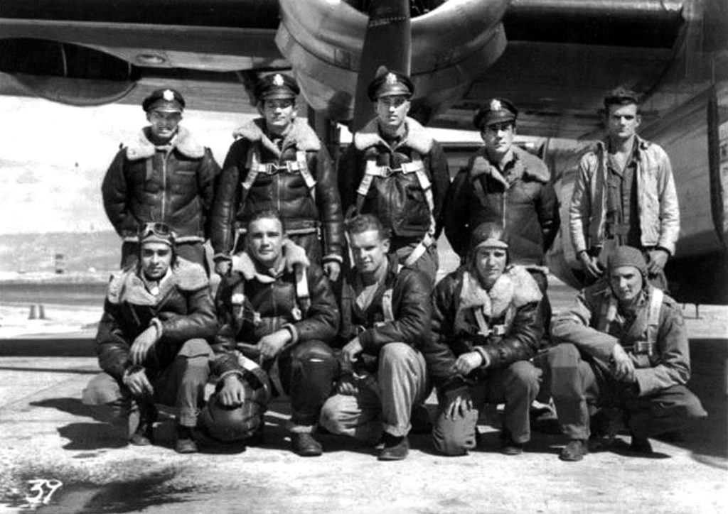 The crew of the B-24 nicknamed Silver Lady was shot down over Germany on May 19, 1944. Standing, left to right: Haywood Brantley, pilot; Thomas Magee, co-pilot; Thomas Kingston, navigator; Jack Rosey, bombardier; Raby White, crew chief (flight engineer). Front row, left to right: Clifford Glasgow, right waist gunner; Clarence Majchrzak, radio operator; Howard Linn, left waist gunner; John Williams, tail gunner; Willard Bristlin, ball-turret gunner. Three members of the crew became ill and were replaced prior to the fateful mission. Linn, Glasgow and Williams survived the crash. 