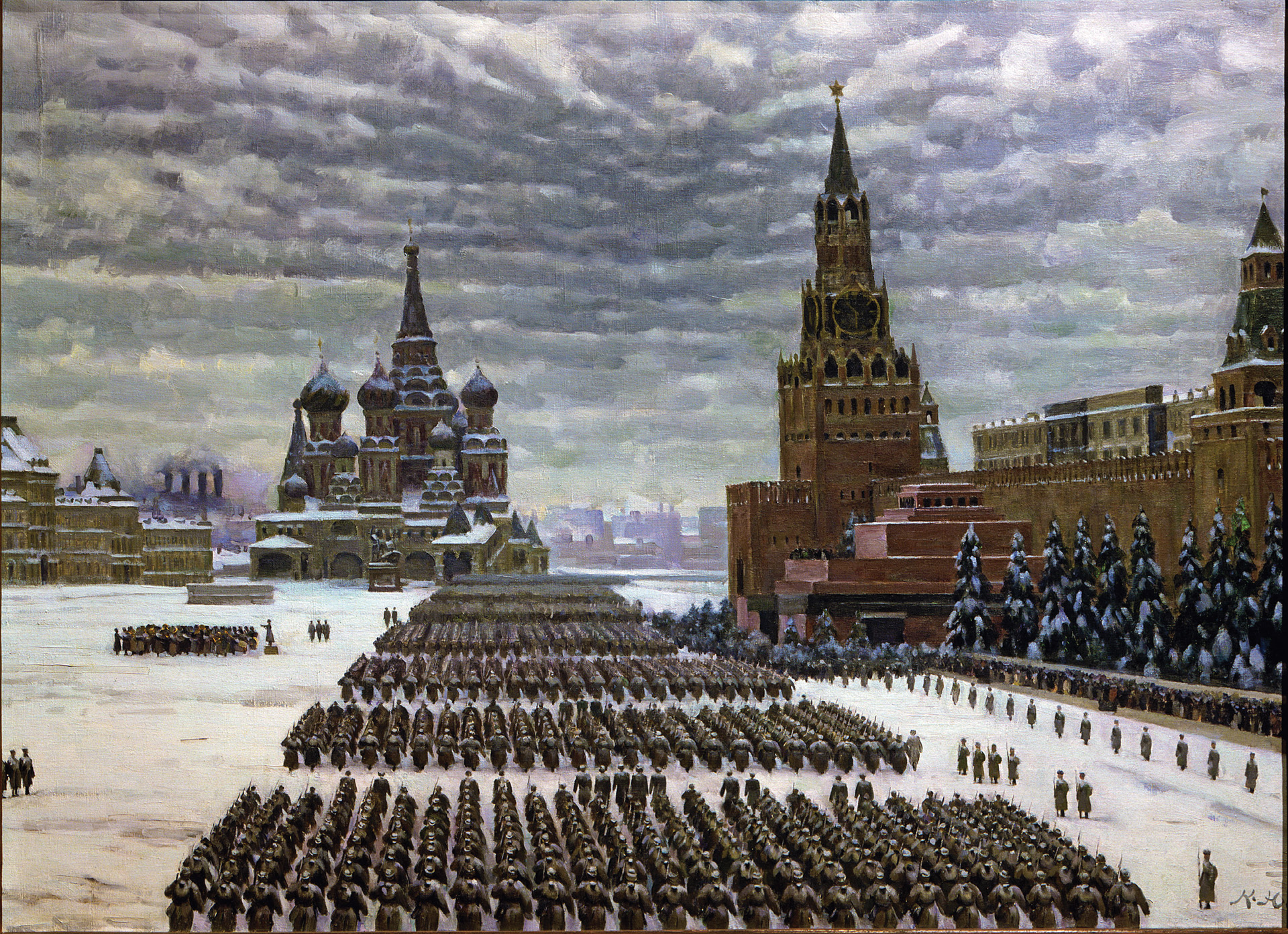 Although the spearheads of the invading German Army were only a few miles from the Soviet capital of Moscow, Premier Josef Stalin ordered the traditional parade celebrating the anniversary of the Russian Revolution of 1917 to go forward on November 7, 1941. Some German units on the outskirts of Moscow were close enough that officers were able to see the city’s onion domes and gleaming spires through their field glasses.