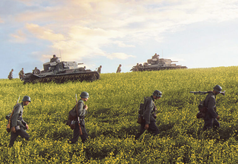 German soldiers accompanied by PzKpfw. III tanks march eastward through a Russian meadow in the summer of 1941. German spearheads covered vast swaths of Russian territory during the opening weeks of Operation Barbarossa.