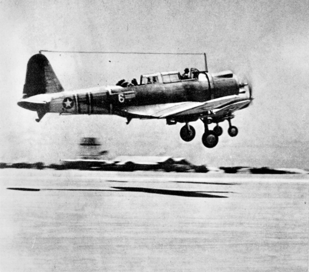 An obsolete Vought SB2U-3 Vindicator dive bomber takes off from the airstrip on Eastern Island at Midway during a training flight a few days before the battle. This Vindicator was flown during the fighting of June 4, 1942, by 2nd Lt. James H. Marmande and disappeared approximately 10 miles from Midway.