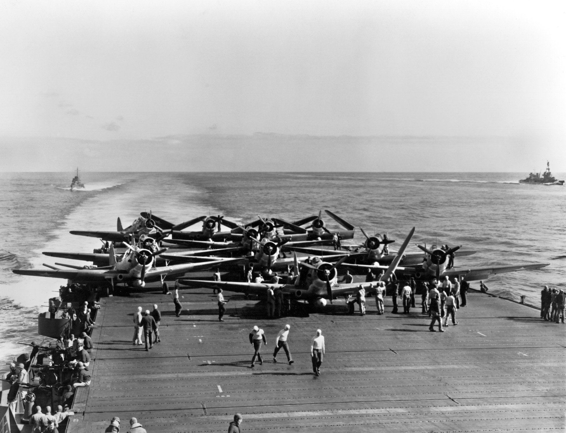 Douglas TBD Devastator torpedo bombers crowd the flight deck of the aircraft carrier USS Enterprise in preparation for takeoff on the morning of June 4, during the battle. These aircraft of Torpedo Squadron 6 (VT-6) were launched moments later, with nine of the 14 Devastators lost during attacks against the Japanese fleet.