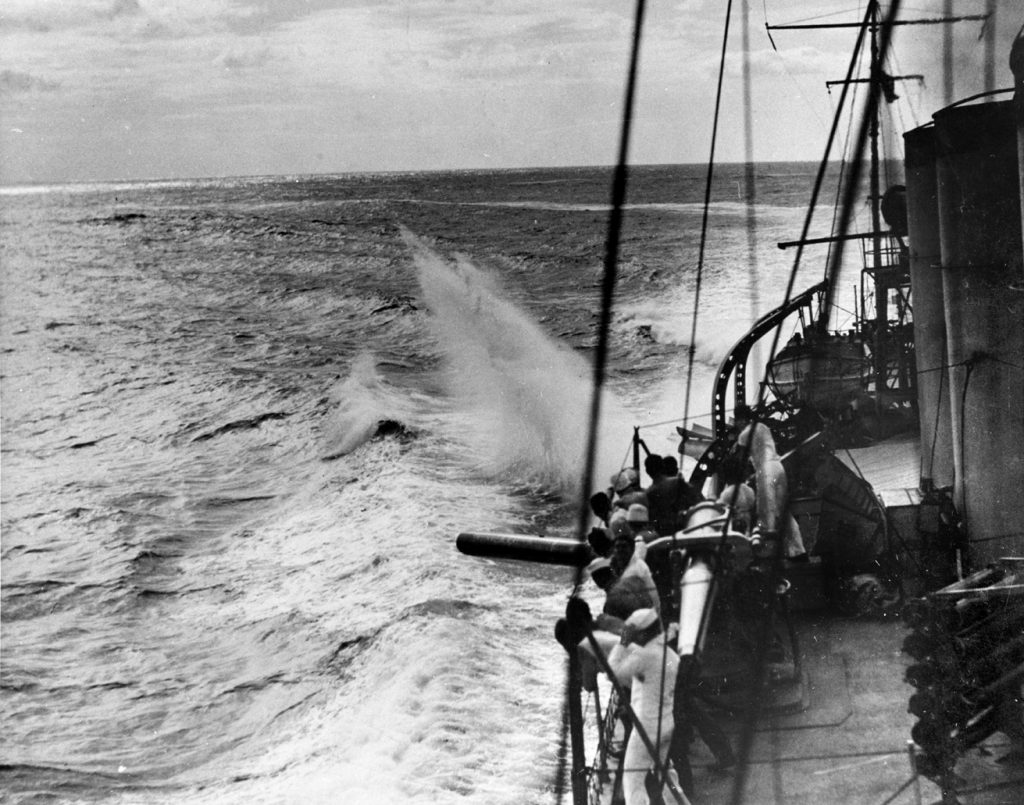 A torpedo flies toward the water from a starboard tube aboard the destroyer USS Stewart during training in 1930. The destroyer was captured with the fall of the port of Surabaya on the island of Java in 1942 and refitted as a patrol boat with the Imperial Japanese Navy.