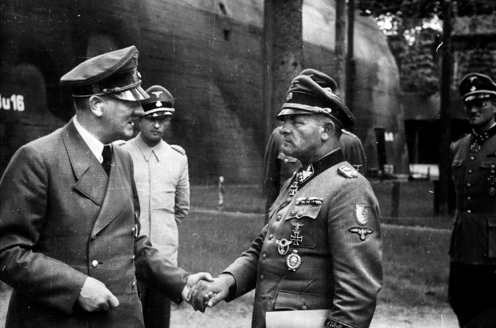 Hitler greets SS Oberst Gruppenfuhrer Sepp Dietrich in a photo taken shortly after the July 20, 1944, attempt on Hitler’s life. Dietrich was a key figure in the execution of the Ardennes Offensive, leading the Sixth Panzer Army into battle.