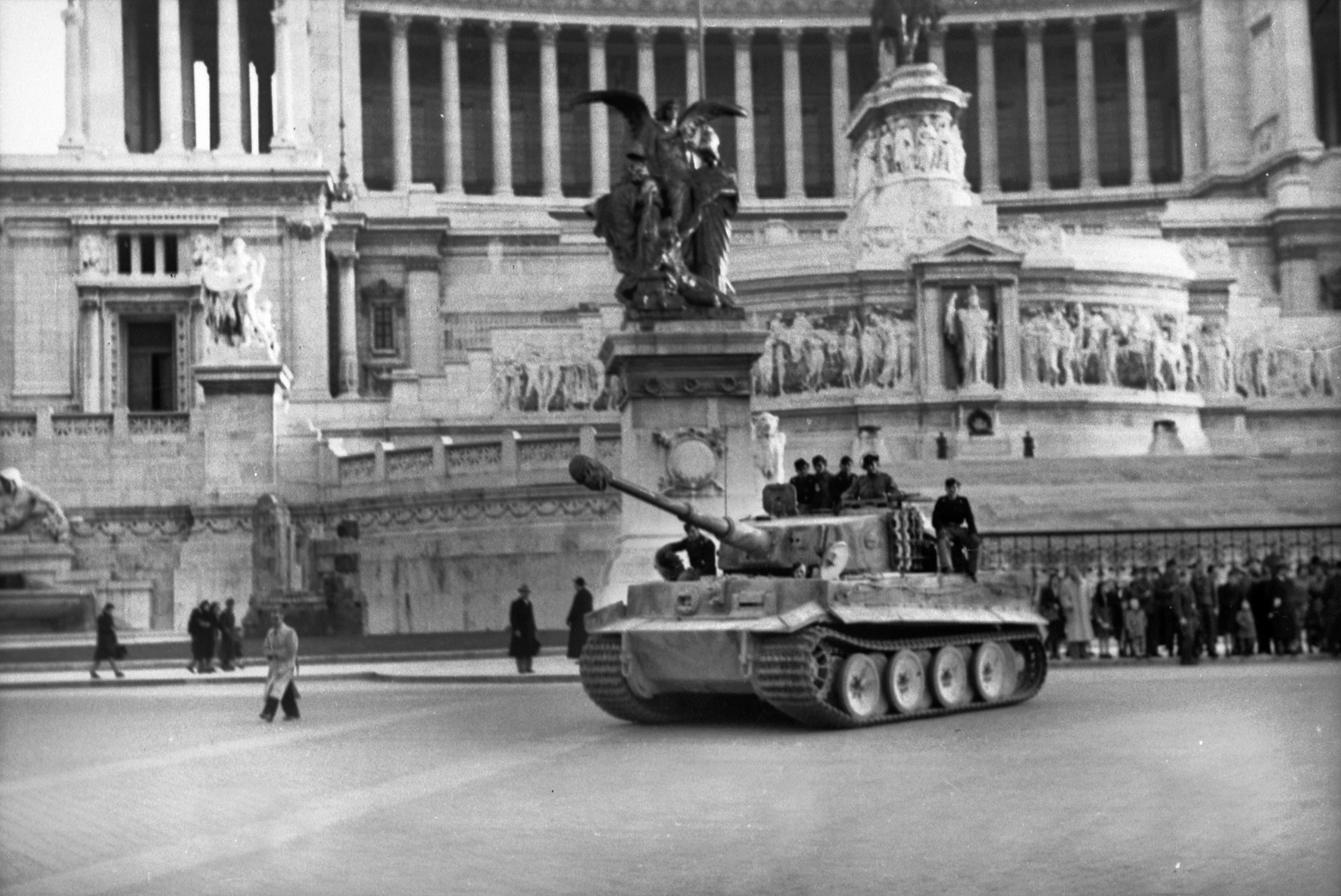 A German PzKpfw. VI Tiger tank sits in Rome before the national monument to King Victor Emmanuel II. After the Italian government removed Benito Mussolini, Hitler dispatched German forces in large numbers to occupy the country. 