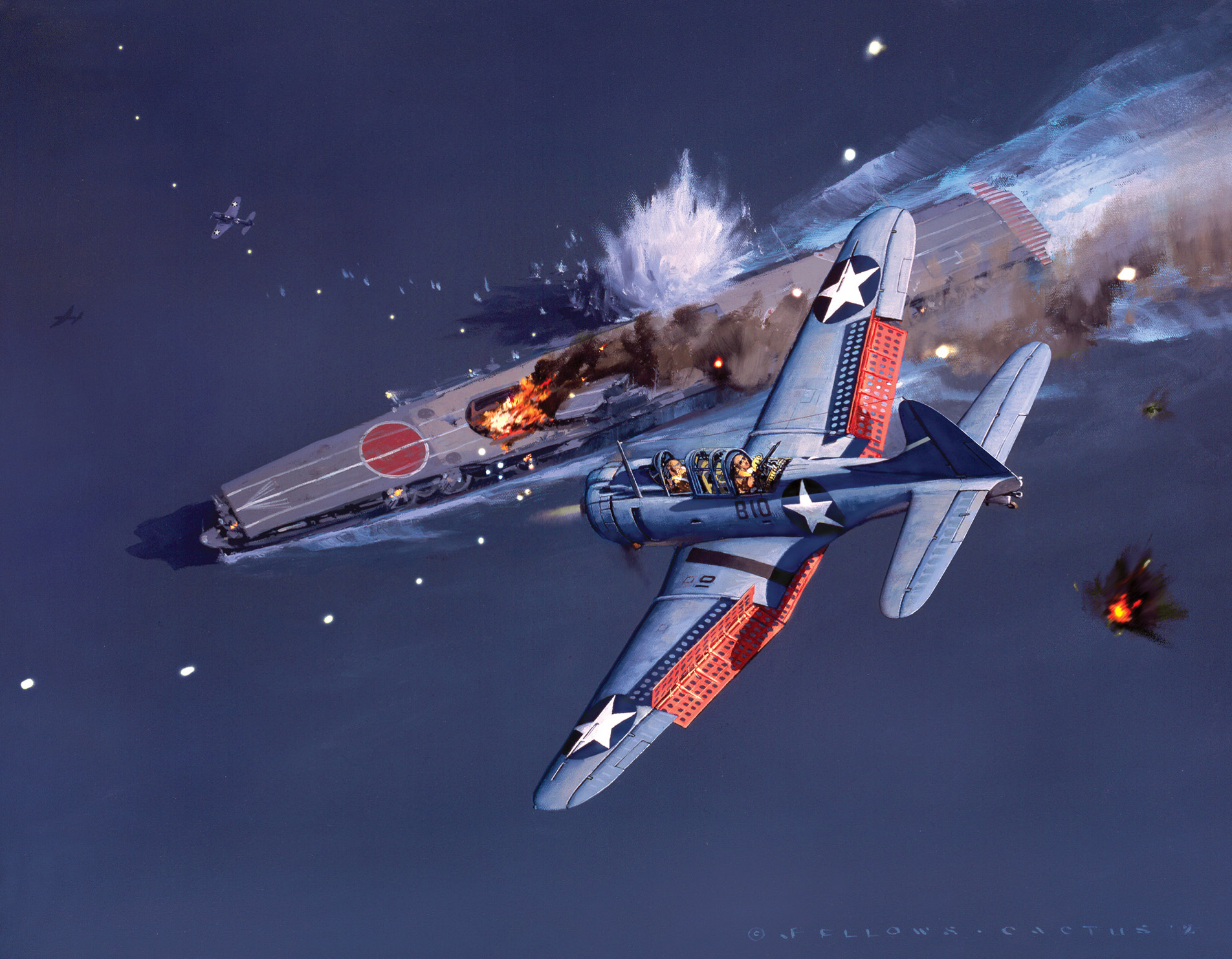 In this painting by artist Jack Fellows, U.S. Navy Lieutenant “Syd” Bottomley pilots his Douglas SBD-3 Dauntless dive bomber in a steep descent, dive brakes extended on the trailing edges of the plane’s wings, during a bombing run against the Japanese aircraft carrier Kaga, the largest of four carriers the Imperial Japanese Navy deployed during the Battle of Midway. Bottomley scored a direct hit during the pivotal action of June 4, 1942, but found his own carrier, USS Yorktown, damaged upon his return.