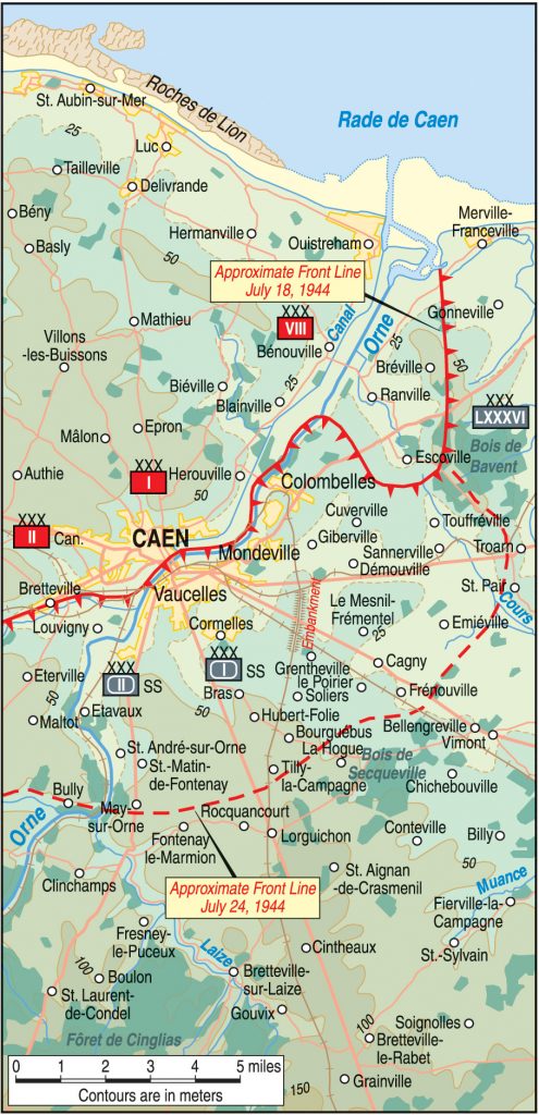 The goal of Operation Goodwood, which began July 18, was for the British to clear the Germans from the region southeast of Caen. After three days of hard fighting, the British failed to punch through the German defensive belt. 