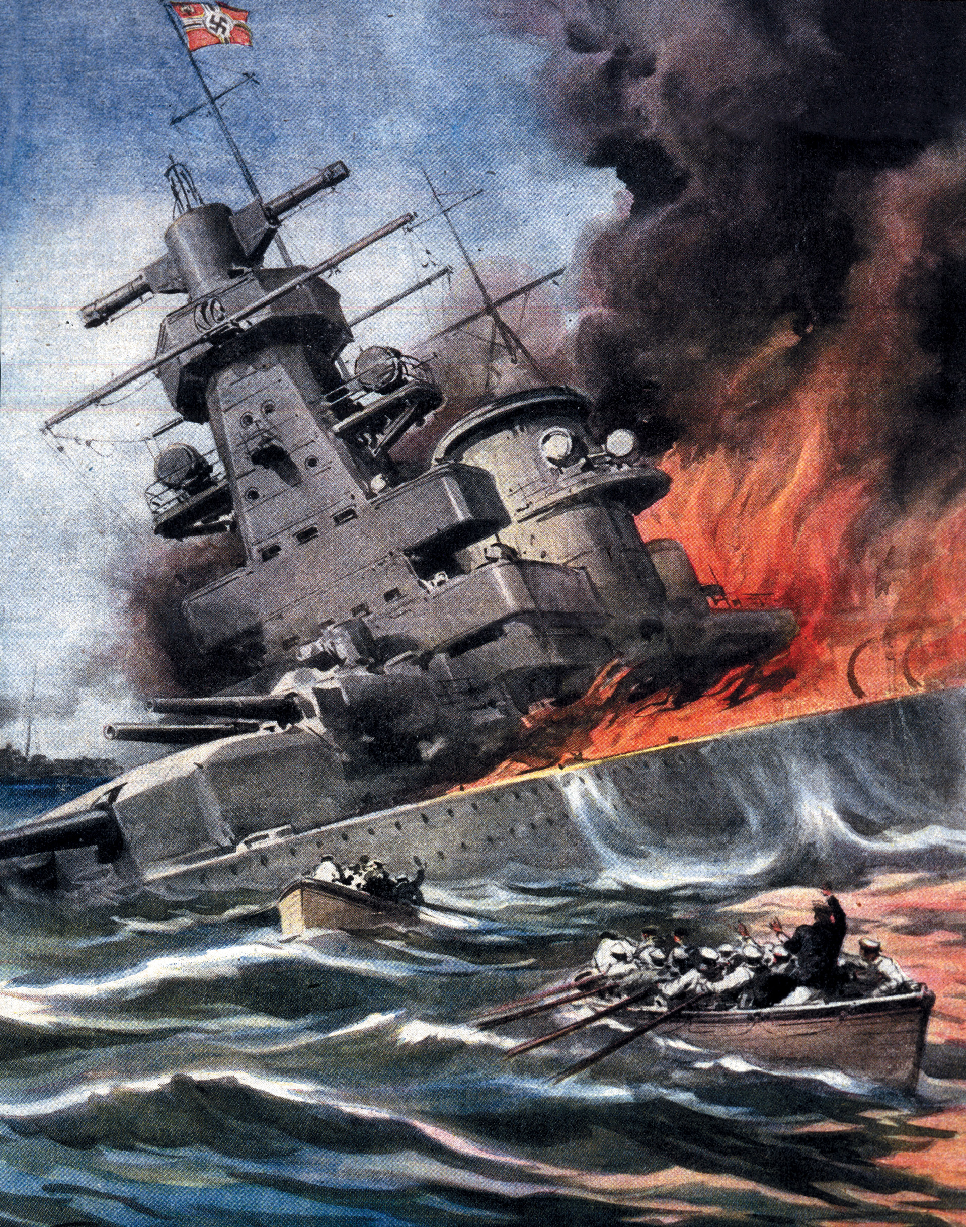 The German pocket battleship Graf Spee burns furiously off the mouth of the River Plate near the harbor of Montevideo, Uruguay.  The order to scuttle the warship came in December 1939, after a running fight with three British Royal Navy cruisers. 