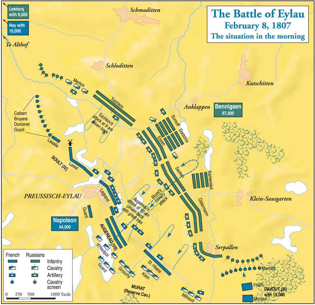 Napoleon's battle plan called for the Grand Armee to assail the Russian center in the morning while waiting for marshals Nicholas Davout III Corps and Michel Ney IV Corps to arrive and crush the enemy's flanks.