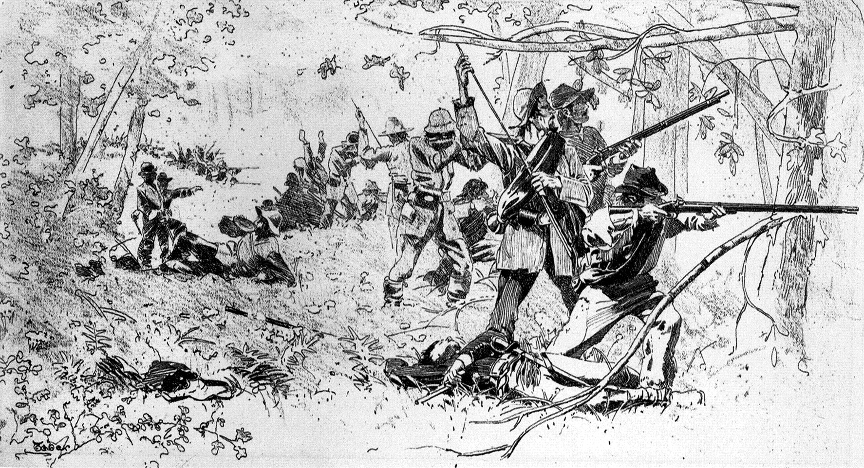 Confederate infantry goes into action at Chickamauga. The undergrowth in the thick woods made it impossible for officers to see the enemy, much less all of their own men. 