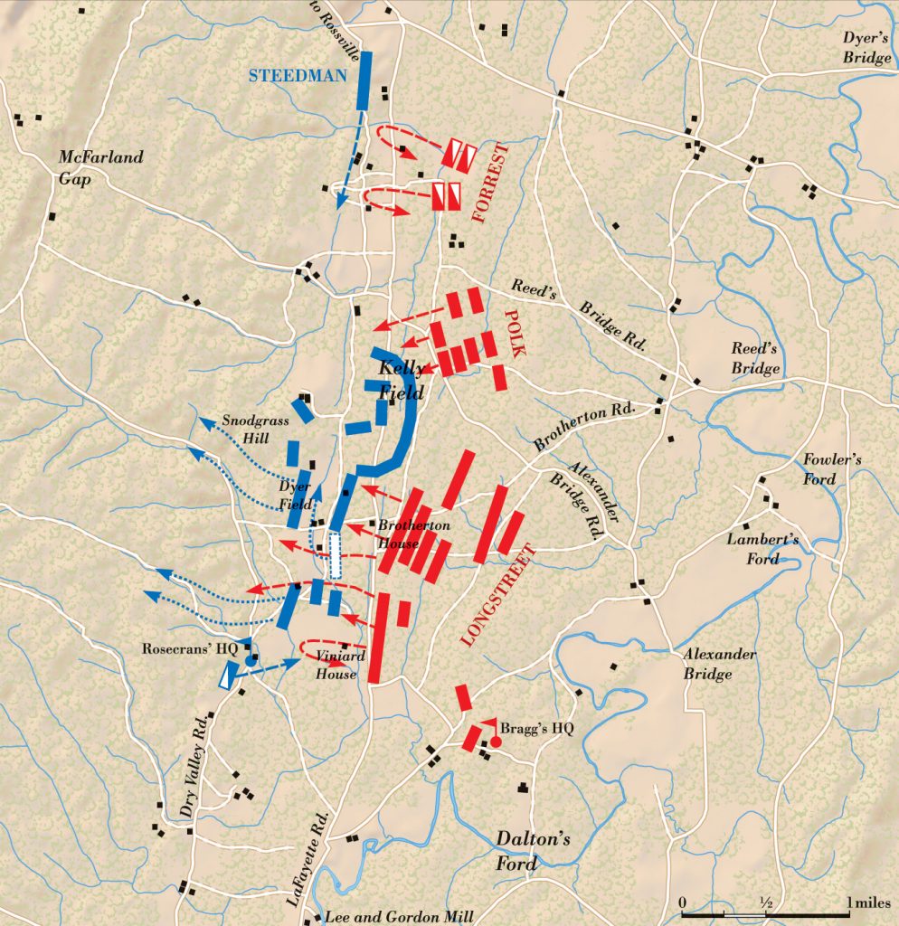 Lt. Gen. James Longstreet’s sledgehammer attack shattered the Union right wing at Chickamauga, sending the remnants of the Union XX and XXI corps scurrying west to escape through McFarland’s Gap in Missionary Ridge. Meanwhile, Thomas’ XIV Corps fell back in good order to Snodgrass Hill. 