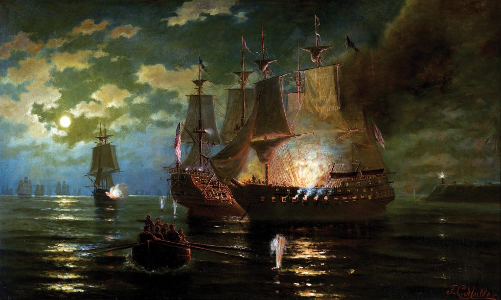  A huge fireball rocks the Serapis at the climax of the battle. A grenade thrown from the main yard of the Bonhomme Richard rolled into an open hatchway that led to the Serapis’ lower deck, where it ignited an explosion that crippled the British ship and forced its surrender. 