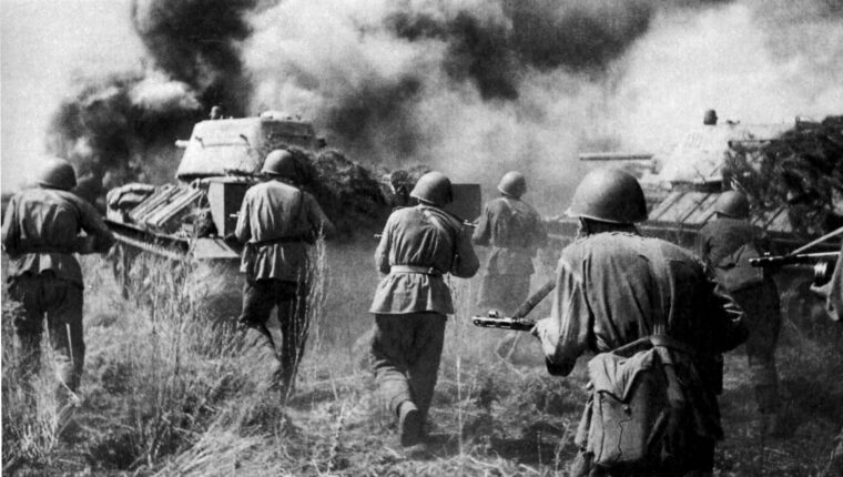 Russian infantry advance behind T-34 tanks during the counterattack that began on July 12, one day before Hitler called off the attack. From that point on, the strategic initiative shifted irreversibly to the Soviet Union, and by the end of the year they had liberated the Ukrainian capital of Kiev.