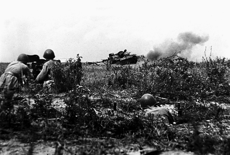 A German self-propelled gun lies crippled in a Soviet mine field. Soviet air strikes and artillery power substantially weakened the German attack. 