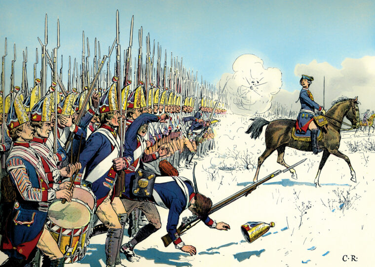 Prussian grenadiers advance at Leuthen. After his victory at Rossbach, Frederick the Great sought to drive the Austrians from Silesia.
