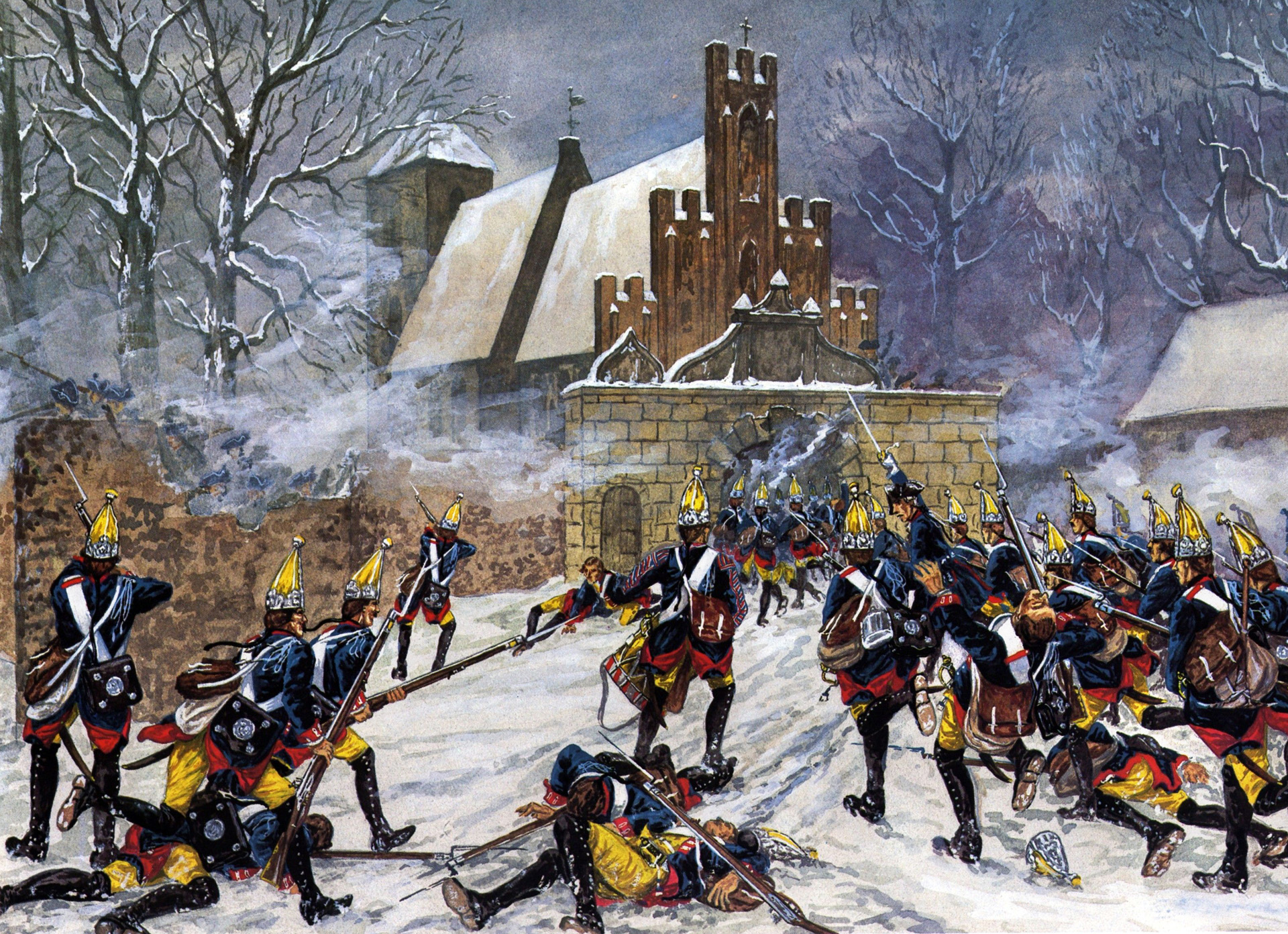  A single determined battalion of the veteran Rot-Wurzburg Regiment of the Austrian army fought off the initial Prussian assault from its fortified position in Leuthen’s Roman Catholic church. 