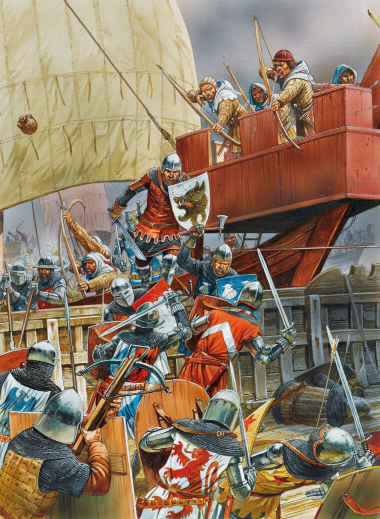 English longbowmen shower the French with arrows from a forecastle at Sluys. The longbow, with its rapid rate of fire and superior range, proved more valuable than the French crossbow at Sluys.