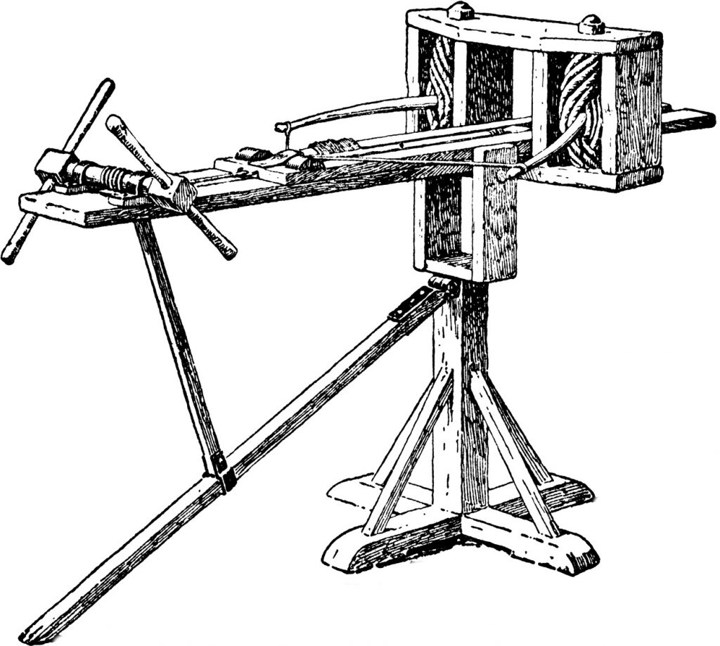 A medieval ballista similar to the ones used at Sluys. Although they had a striking appearance, from a practical standpoint they were not as effective as bows in the hands of experienced archers.