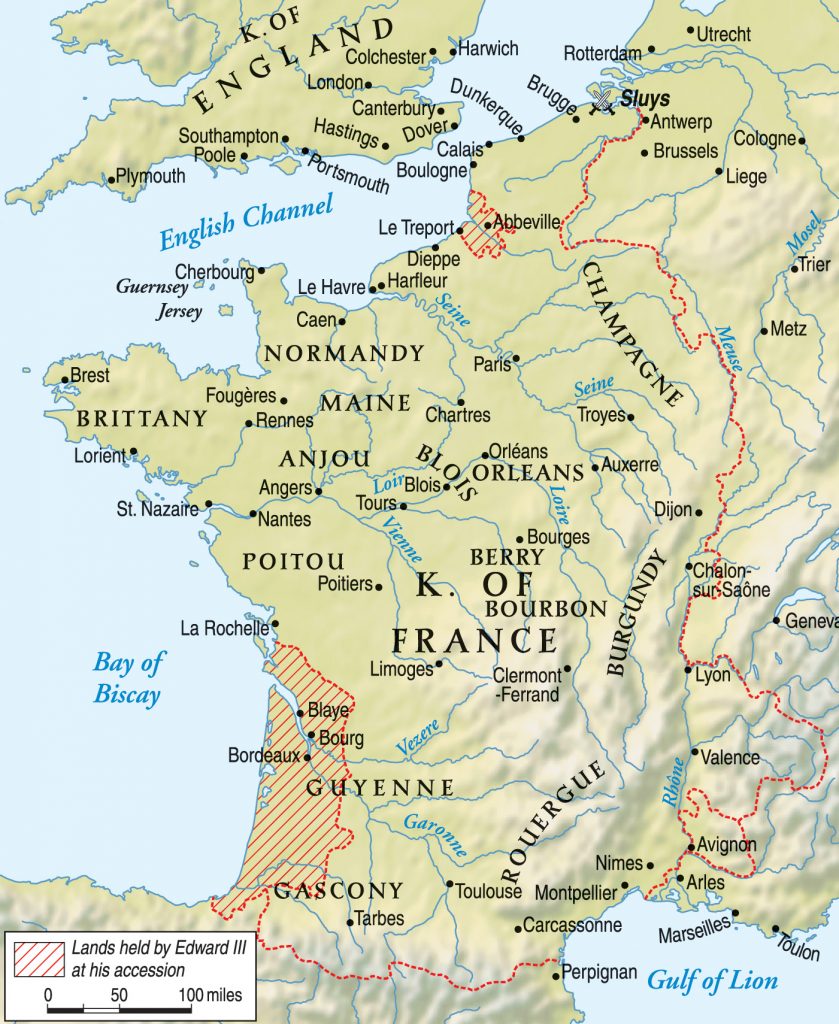 At the time of the Hundred Years’ War, the English crown held substantial territory on the continent. King Edward III, whose mother Isabella of France was the daughter of the late French King Charles IV, believed he had a legitimate claim to the French throne.