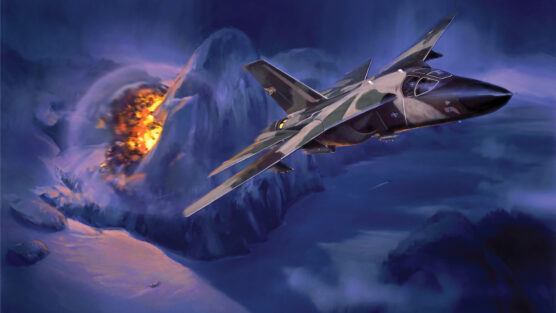 A supersonic Air Force F-111 Aardvark destroys a North Vietnamese ordnance bunker in March in 1968 in a painting by Jack Fellows.