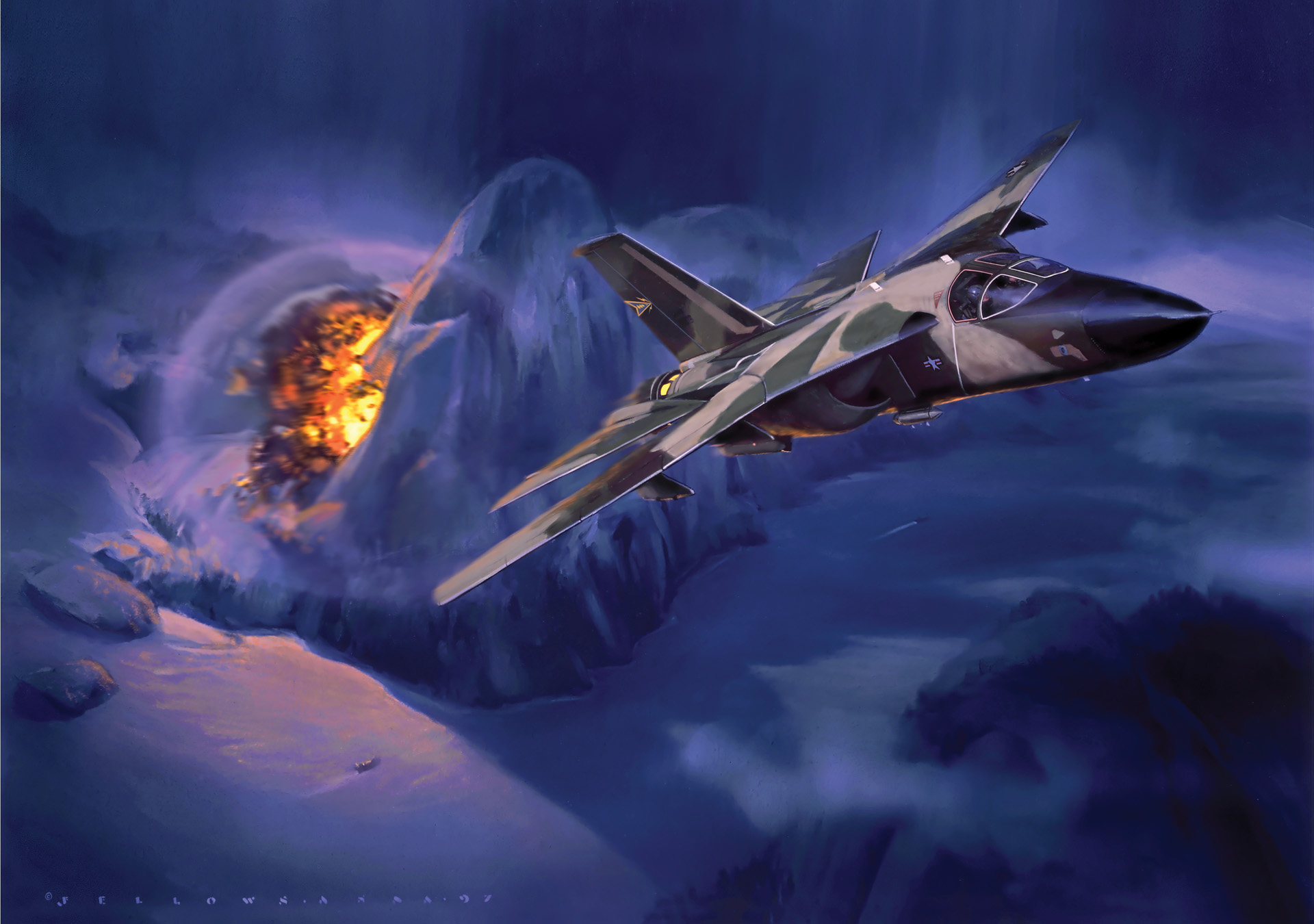 A supersonic Air Force F-111 Aardvark destroys a North Vietnamese ordnance bunker in March in 1968 in a painting by Jack Fellows.