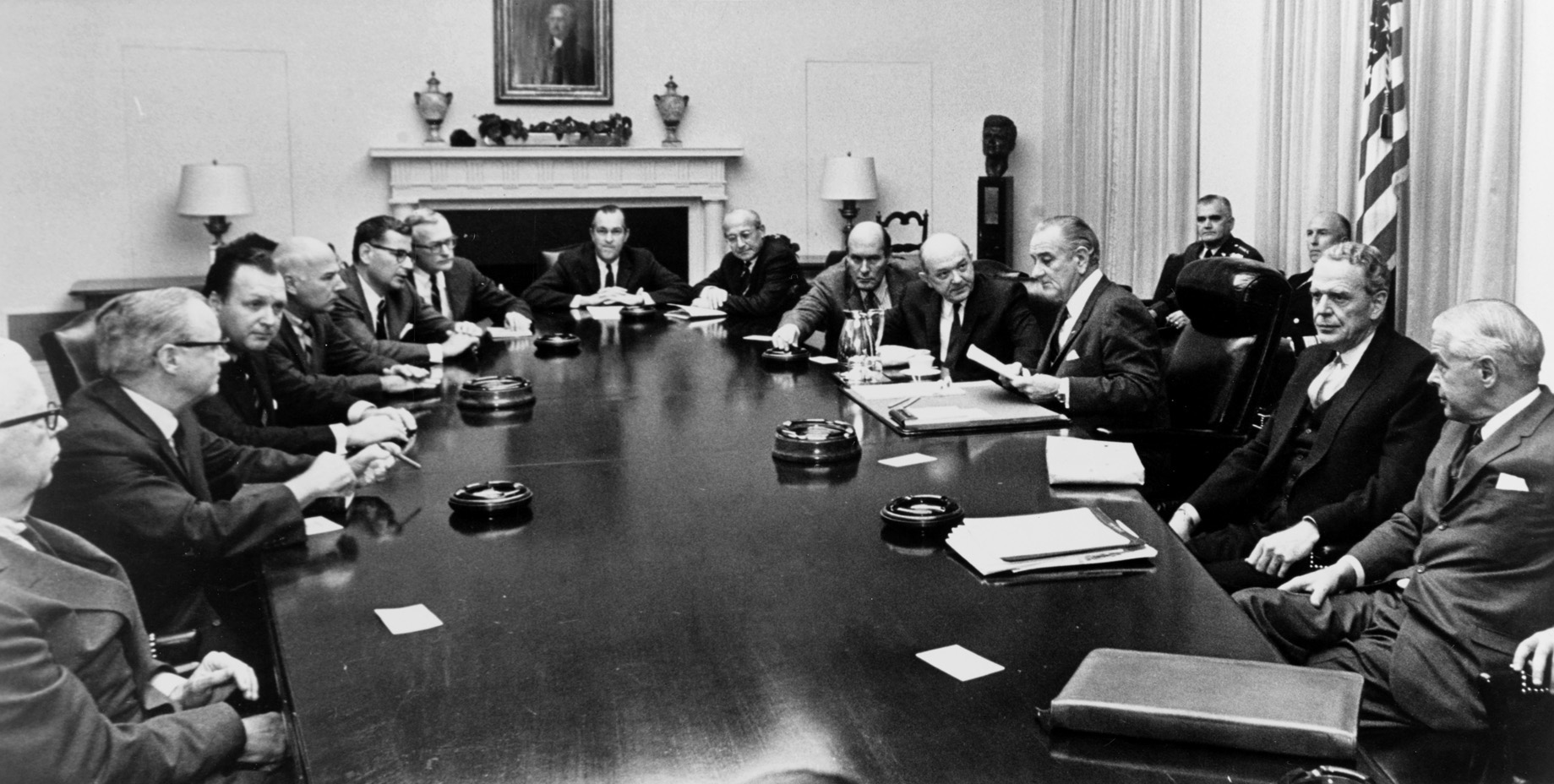 President Lyndon Johnson, shown with top advisors, hoped over the course of the 44-month bombing campaign to compel Ho Chi Minh to enter peace talks, but the North Vietnamese leader steadfastly refused to negotiate. 