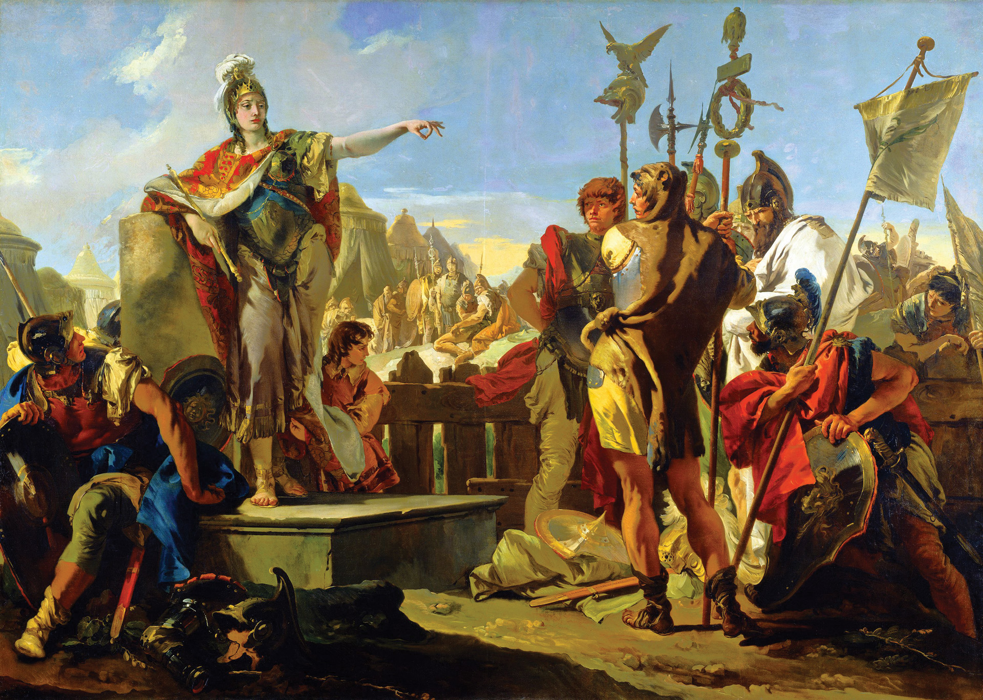 Queen Zenobia, ruler of Palmyra after her husband’s murder in A.D. 267, addresses her soldiers before they go into battle against the Roman army in this painting by Giovanni Tiepolo. Some historical accounts suggest Zenobia had previously travelled with her husband during his military campaigns.