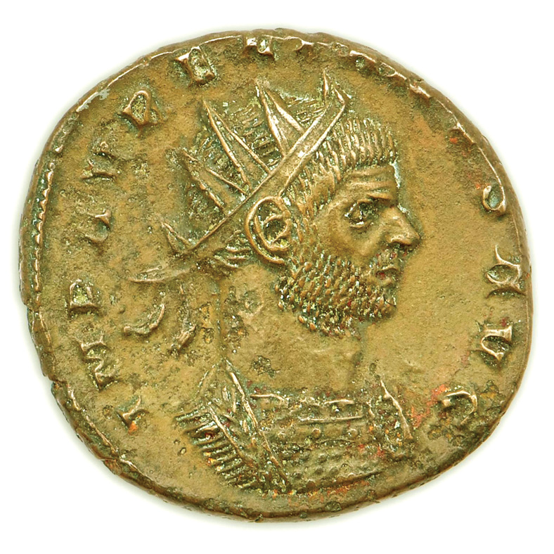 Aurelian is depicted on a period coin. He became Emperor in 270.