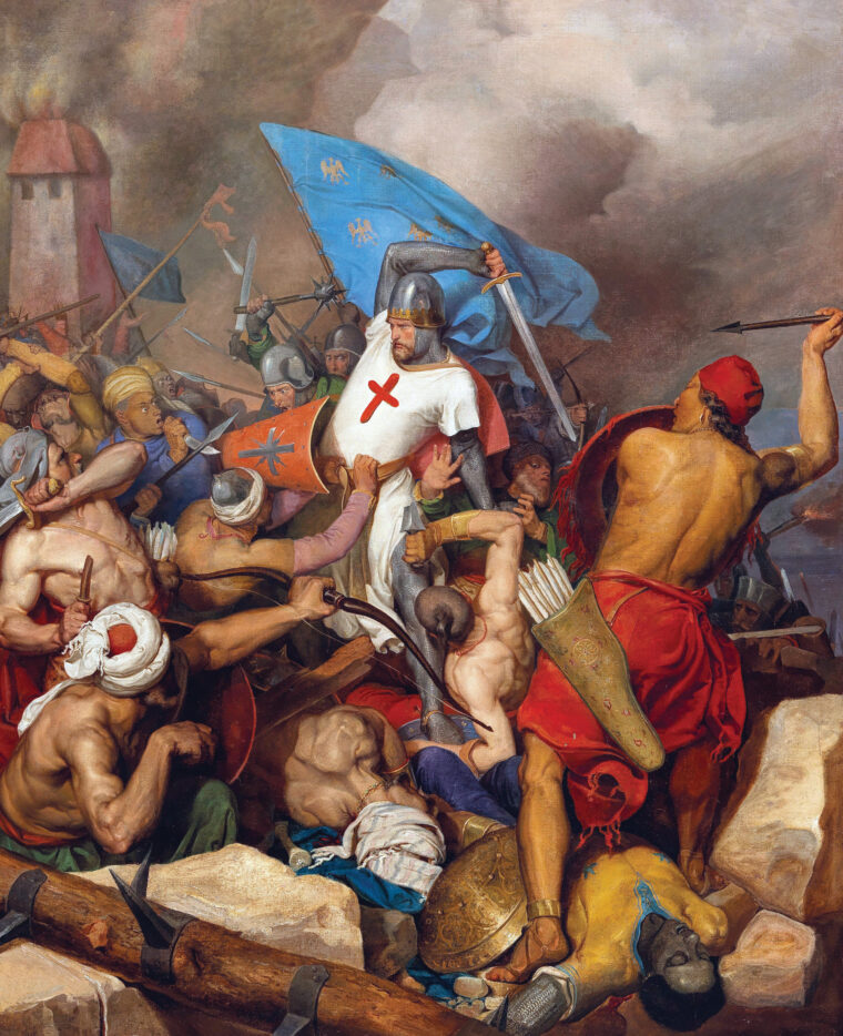 English King Richard I wields a broadsword against his Muslim foes in the Holy Land. His leadership in the Third Crusade ensured his place in the pantheon of great medieval commanders.