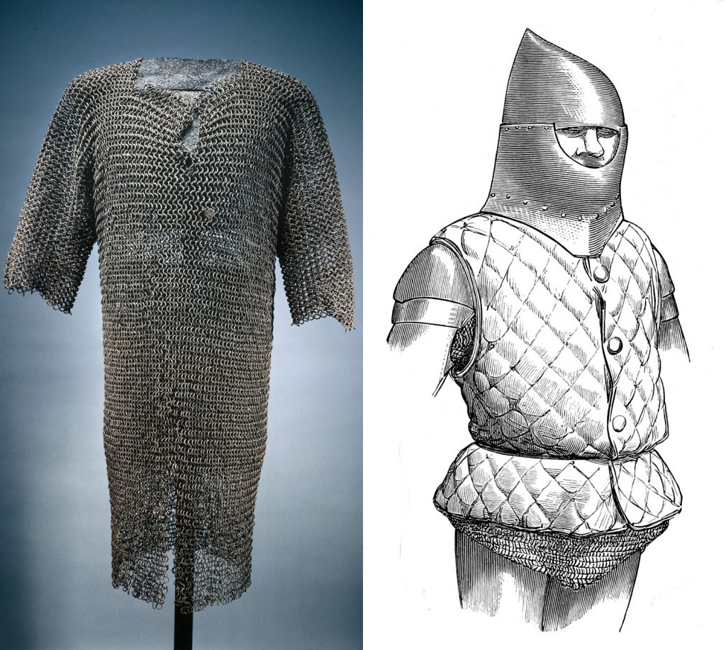 Crusader knights wore knee-length mail hauberks (left), while the foot soldiers wore padded gambesons. Both furnished good protection from the light arrows fired by Saladin's Turkic horse archers. 