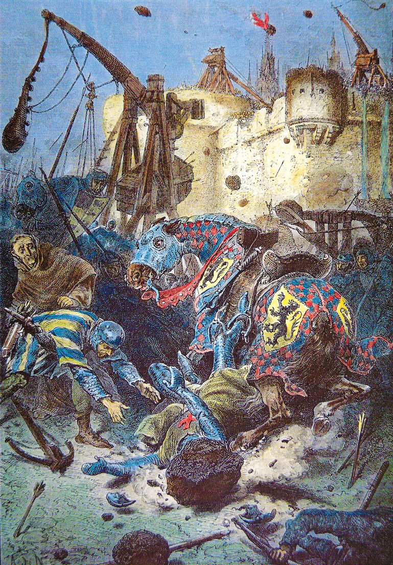 The crusaders battered the walls of Acre  with great catapults and brought down key sections by mining underneath them. 