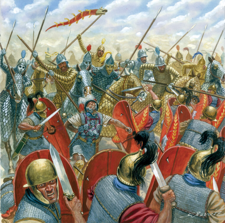 Parthian cataphracts armed with long spears known as kontos assail Roman legionaries at Carrhae.