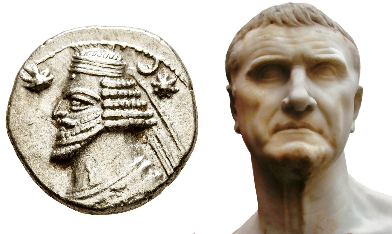 Triumvir Marcus Licinius Crassus (right) sought fame and fortune at the expense of the Parthians. Parthian King Orodes II, sent his renowned general Surena to conduct raids, reconnoiter the Roman garrisons, and harass Crassus’ army. 