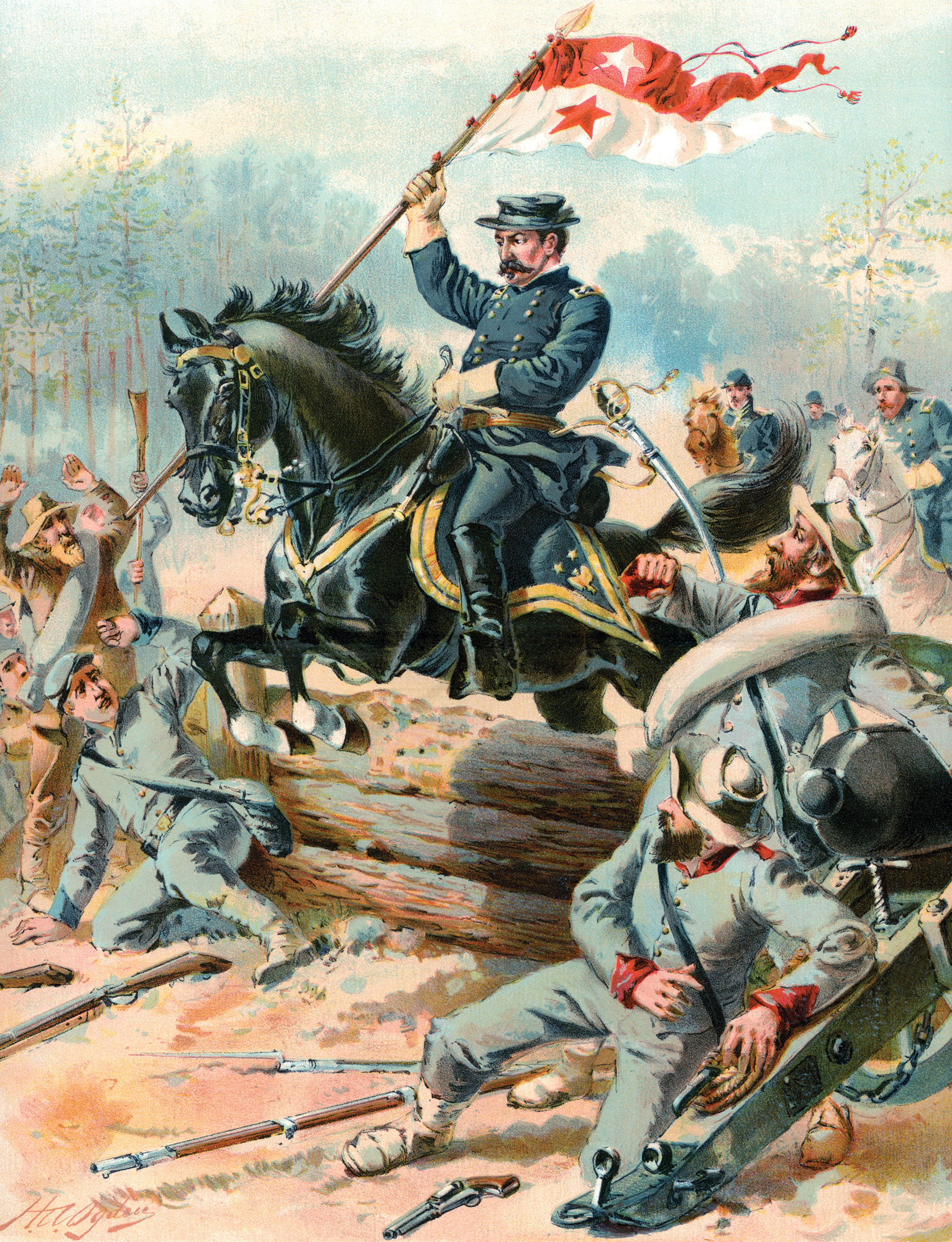 Phil Sheridan leaps a Confederate log breastwork in a dramatic charge at Five Forks, yet it was Union infantry that overwhelmed the Confederate defenders. 
