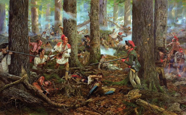 Oneida warriors Han Yerry and his wife, Two Kettles, fight alongside the Patriots during the height of the ambush at Oriskany in a modern painting by Don Troiani.