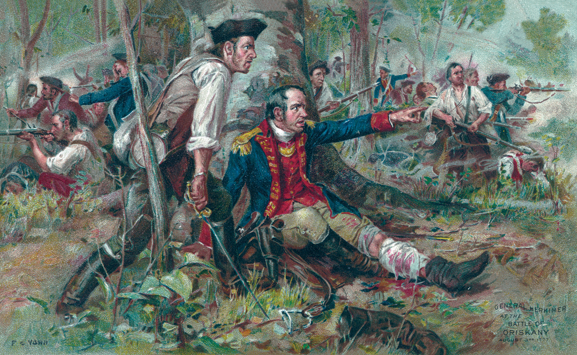 Although severely wounded in the leg by a musket ball at the outset of the British ambush at Oriskany, Brig. Gen. Nicholas Herkimer continued to direct his troops in an exposed position while propped up against a beech tree. 