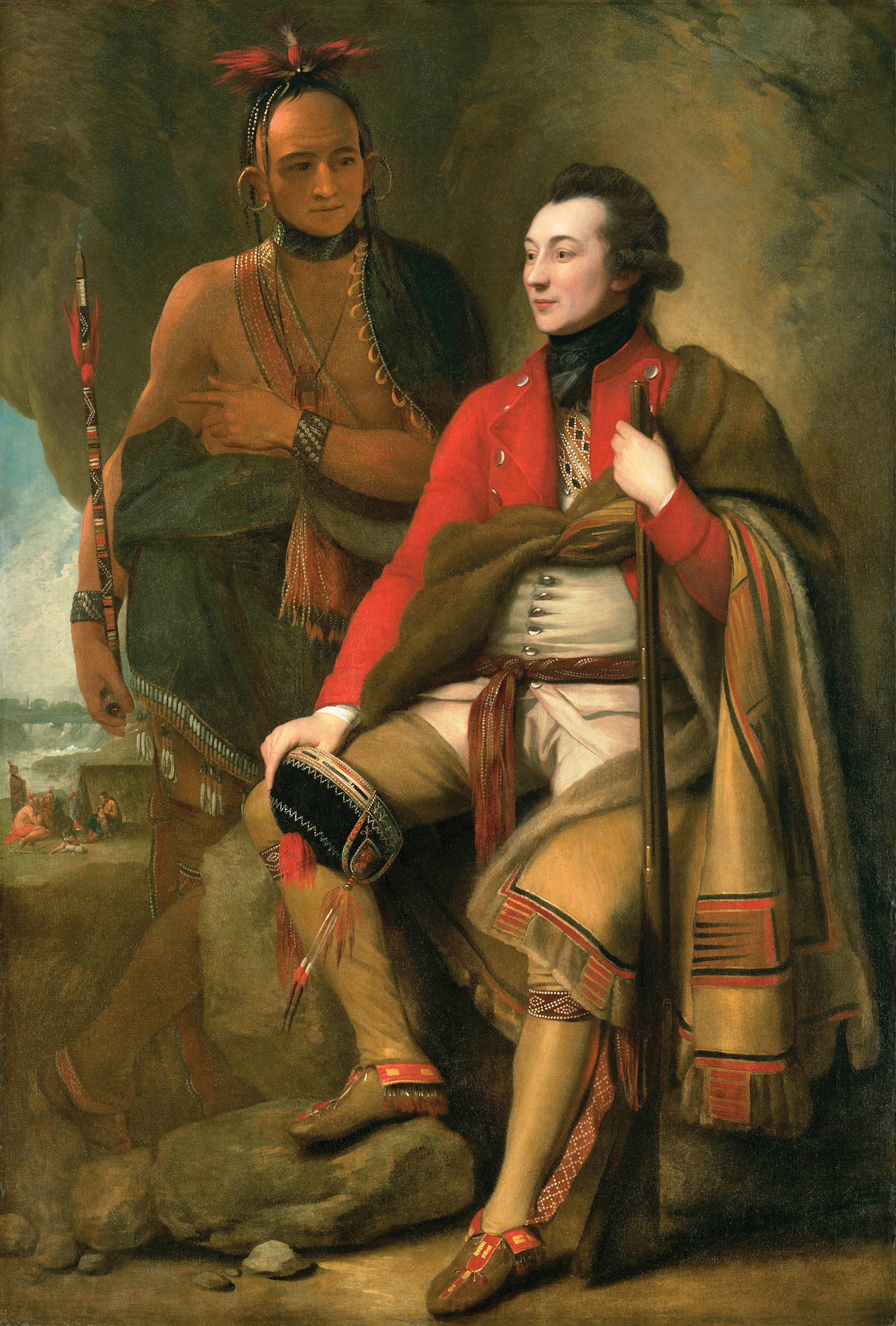 Benjamin West’s painting may depict Sir William Johnson or his nephew Guy Johnson; both worked to retain the Six Nation Confederacy’s allegiance to the crown. William Johnson served as the British Superintendent of Indian Affairs for the Northern District until his death in 1774, at which time Guy Johnson took the post. 