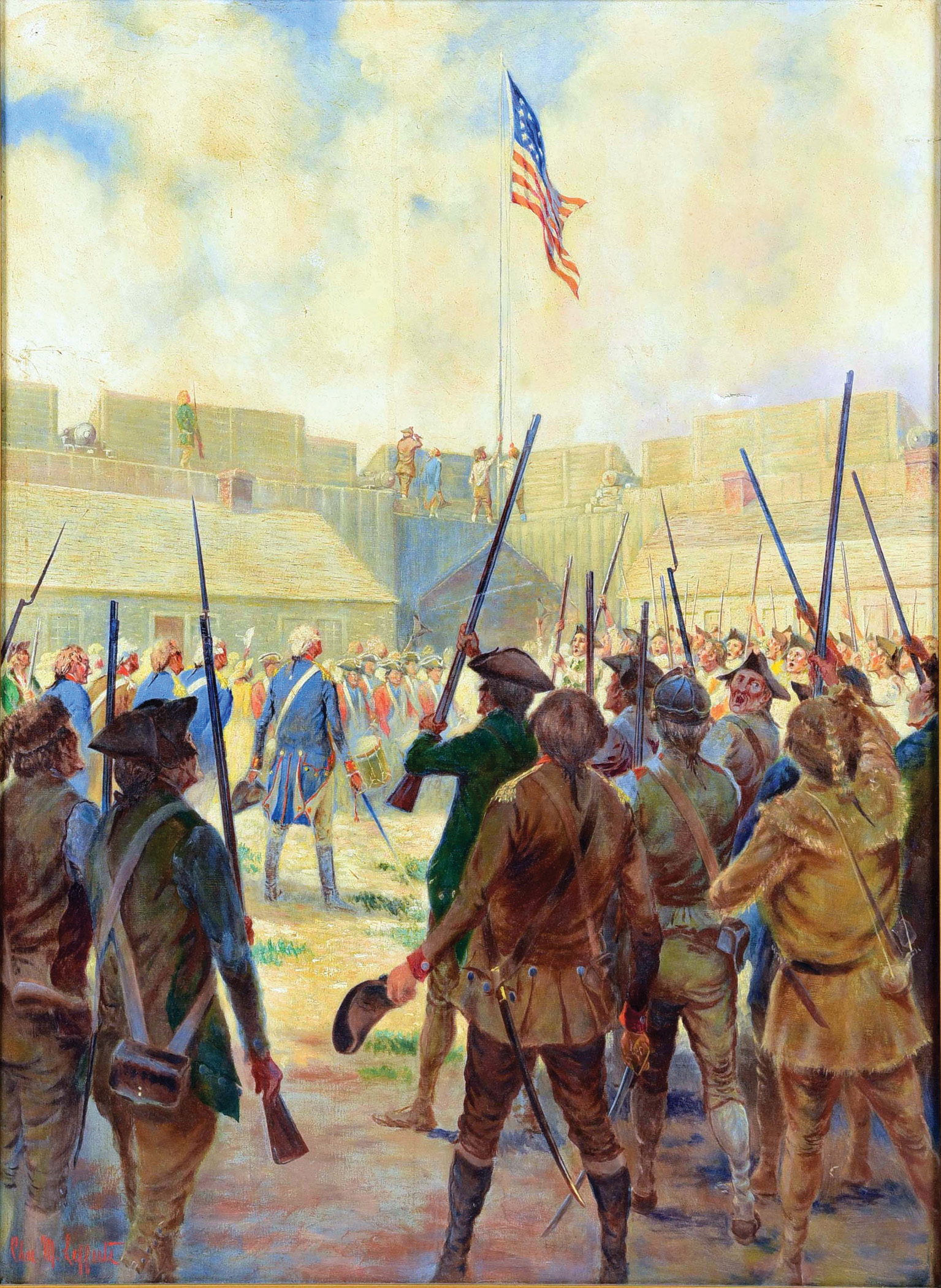 Colonel Peter Gansevoort's American troops celebrate their victory at Fort Stanwix. Unable to convince the warriors of the Six Nations to continue the siege, and threatened by the approach of a fresh column of Americans under Maj. Gen. Benedict Arnold, the British withdrew in defeat. 